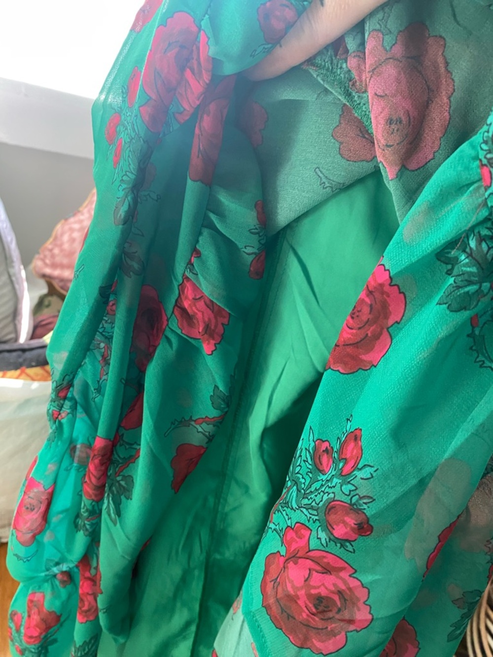 Betsey Johnson Green Maxi Dress with Pink Rose Print - Picture 8 of 12